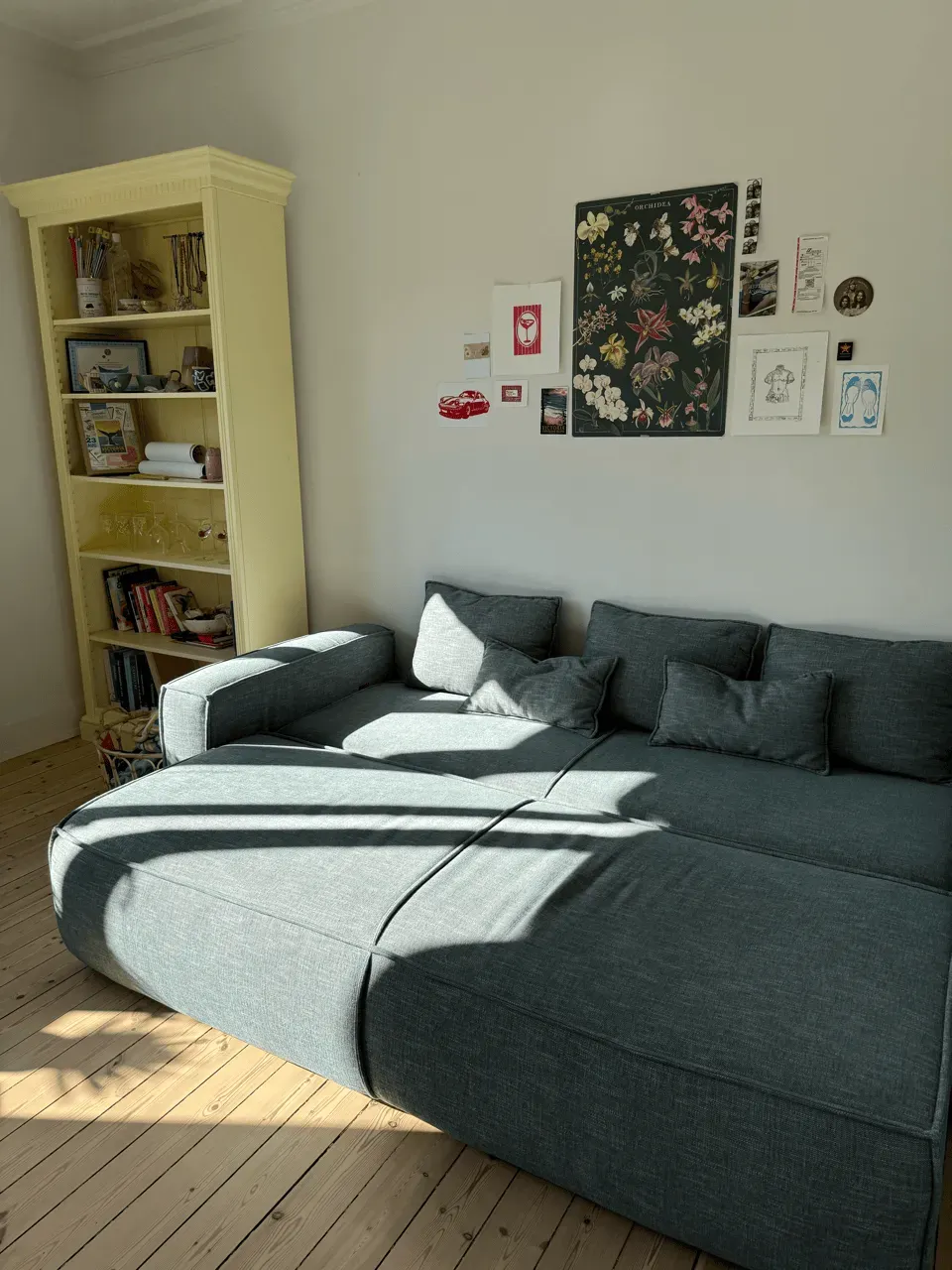 Lav DANDY sovesofa i en lille stue med lys fra vinduet