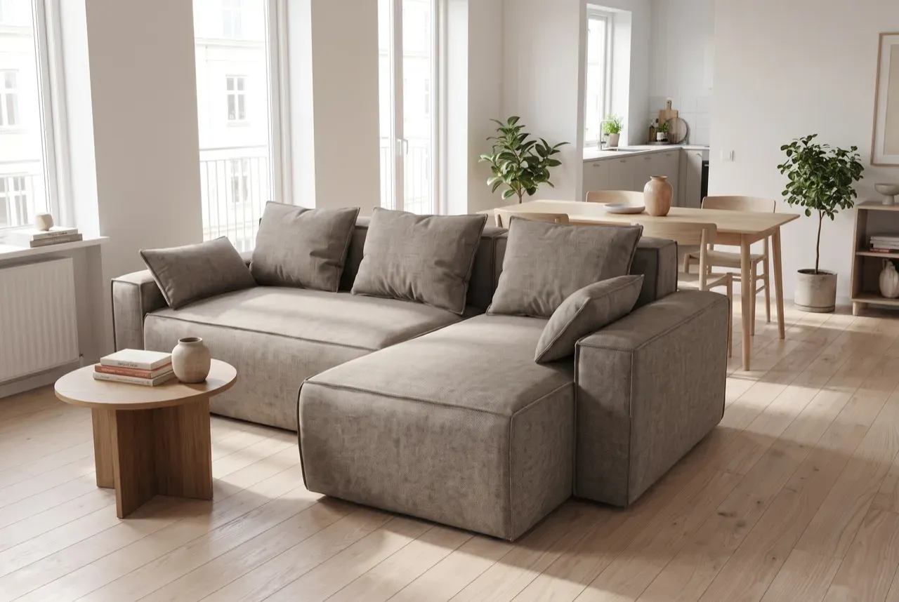 Lille stue med sofa placeret med frit gangareal og korrekt afstand til sofabord