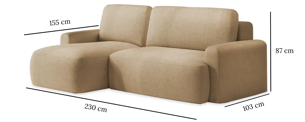 CIEL sovesofa med målangivelser: 230 cm bred, 155 cm dyb med chaiselong (103 cm uden), 87 cm høj