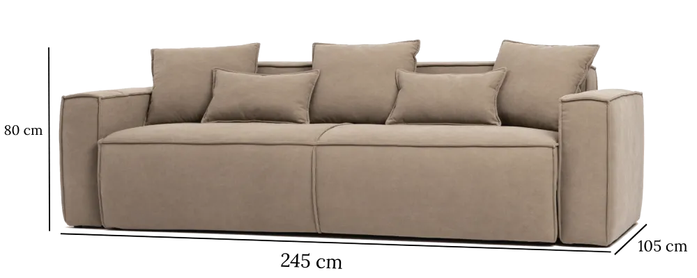 DANDY sovesofa med målangivelser: 245 cm bred, 105 cm dyb, 80 cm høj